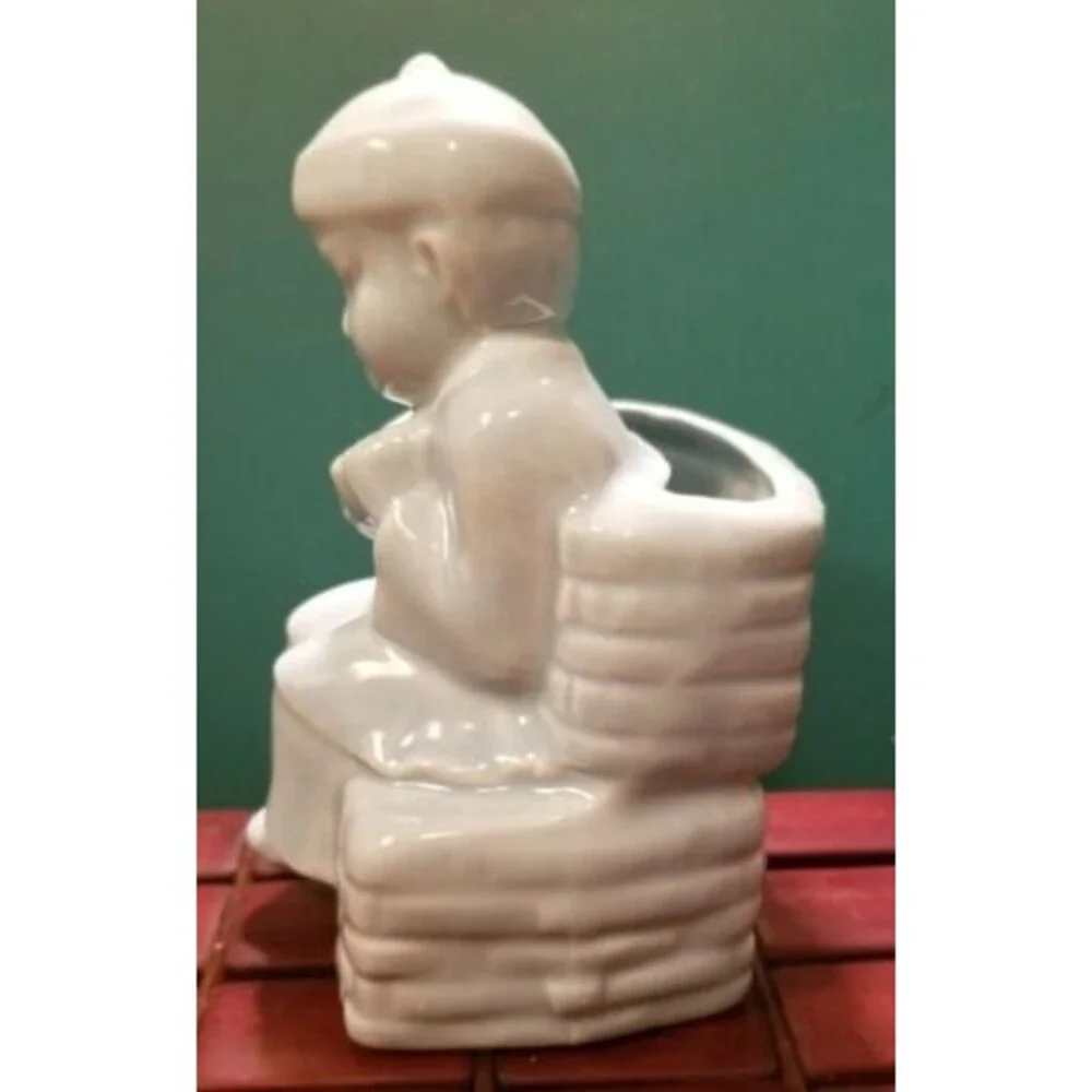 Vintage 1950s Blue Ceramic Vase Planter Chinese Monk In Traditional Costume